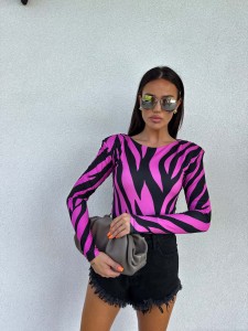 BLUZKA BY ME ZOR PRINT RIBS FUKSJA